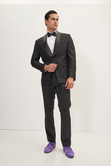 Men's Shawl Collar Tuxedo Jacket - Black Satin | Ron Tomson