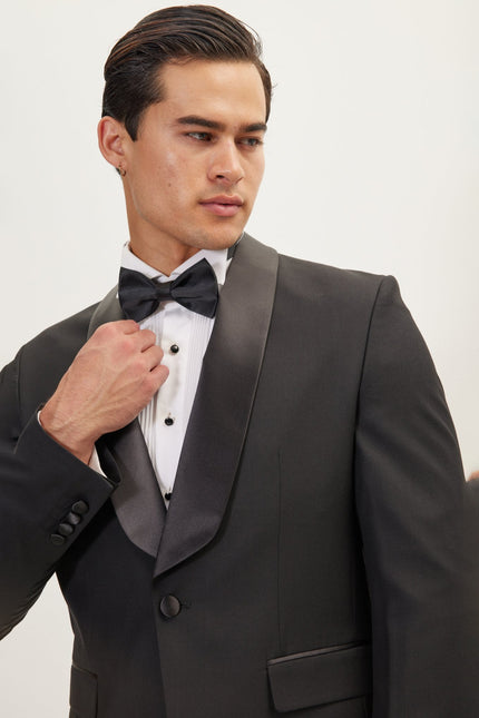 Men's Shawl Collar Tuxedo Jacket - Black Satin | Ron Tomson