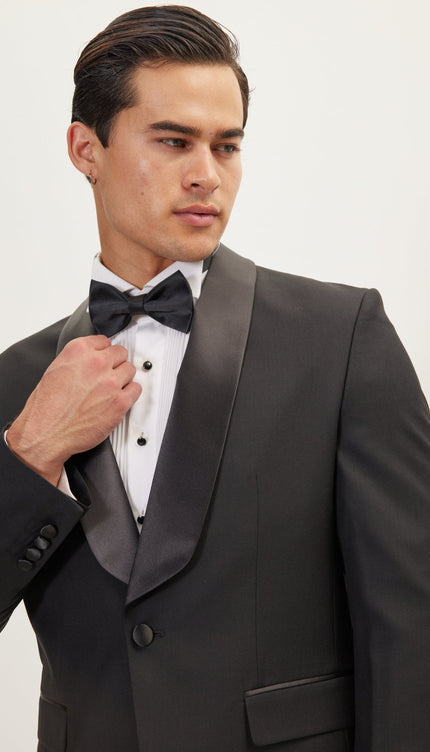 Shawl Collar Tuxedo Jacket - Black Satin