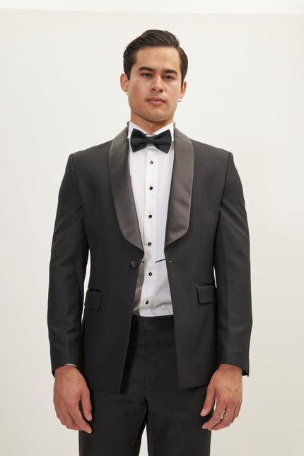 Men's Shawl Collar Tuxedo Jacket - Black Satin | Ron Tomson
