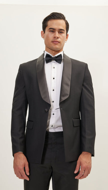 Shawl Collar Tuxedo Jacket - Black Satin