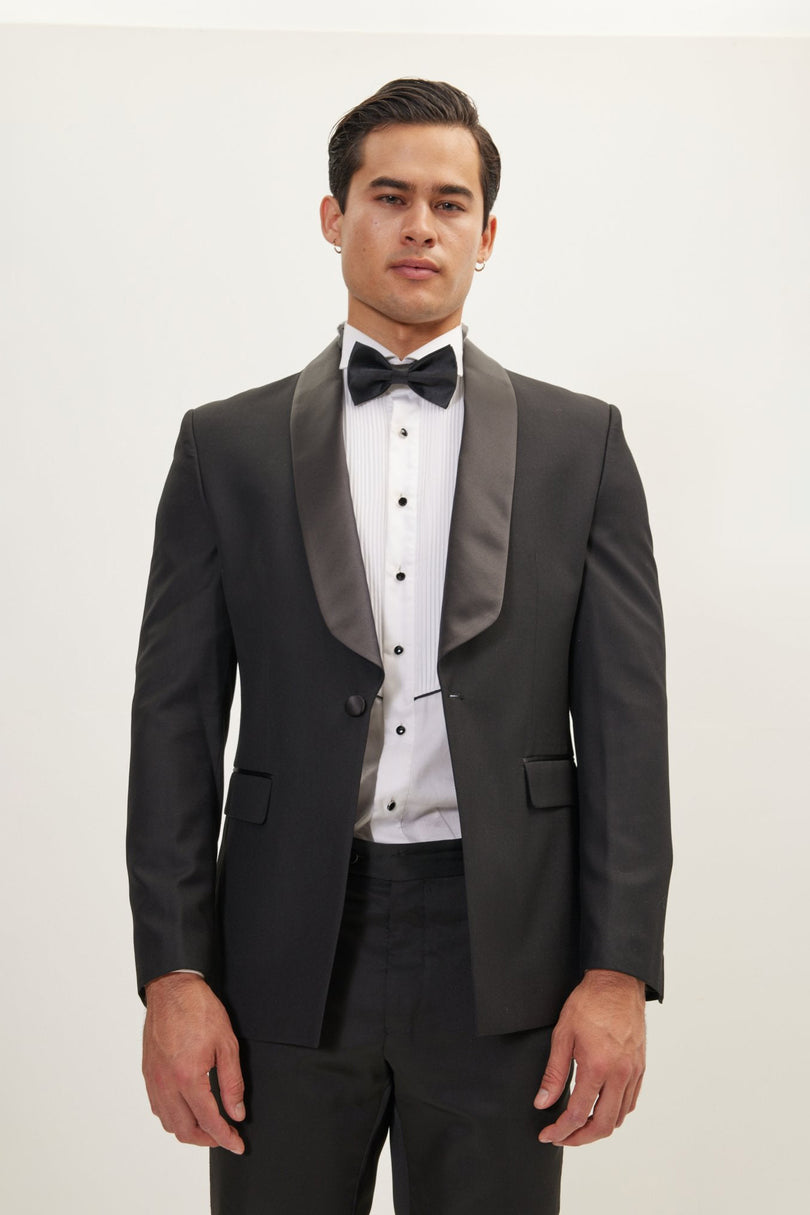 Men's Shawl Collar Tuxedo Jacket - Black Satin | Ron Tomson