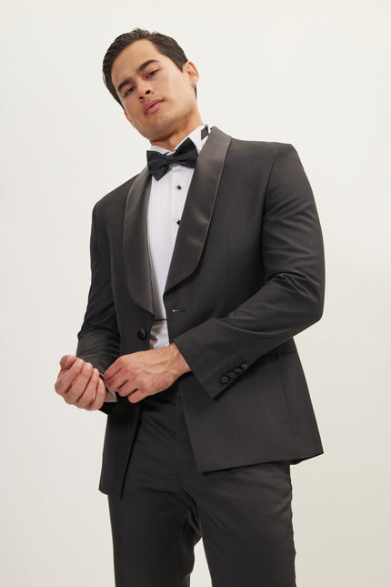 Men's Shawl Collar Tuxedo Jacket - Black Satin | Ron Tomson