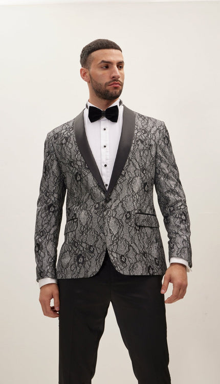 Metallic Floral Lapel Tuxedo Jacket - Black