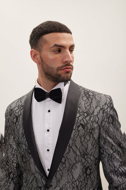 Men's Metallic Floral Lapel Tuxedo Jacket - Black | Ron Tomson
