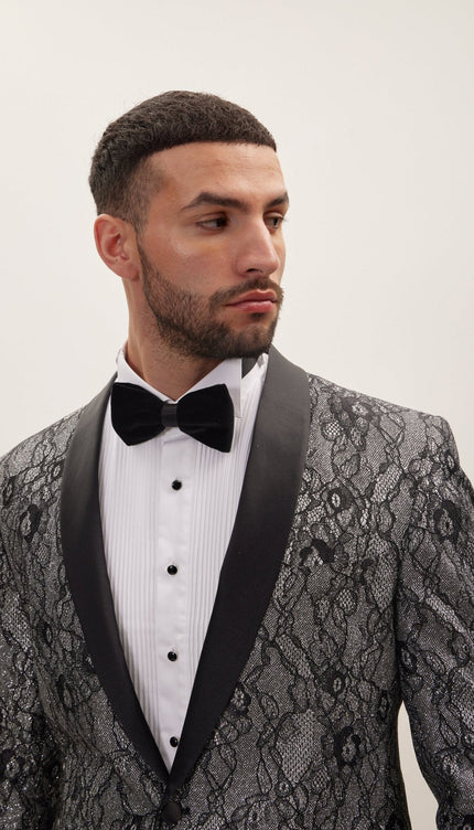 Metallic Floral Lapel Tuxedo Jacket - Black