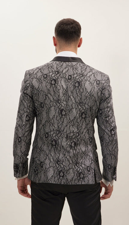 Metallic Floral Lapel Tuxedo Jacket - Black