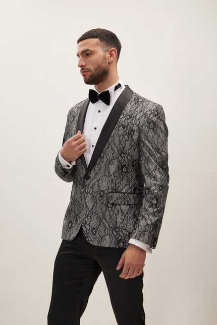 Men's Metallic Floral Lapel Tuxedo Jacket - Black | Ron Tomson