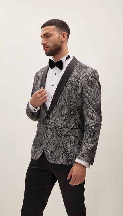 Metallic Floral Lapel Tuxedo Jacket - Black