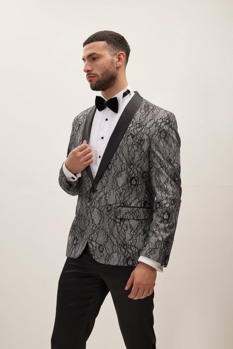 Men's Metallic Floral Lapel Tuxedo Jacket - Black | Ron Tomson