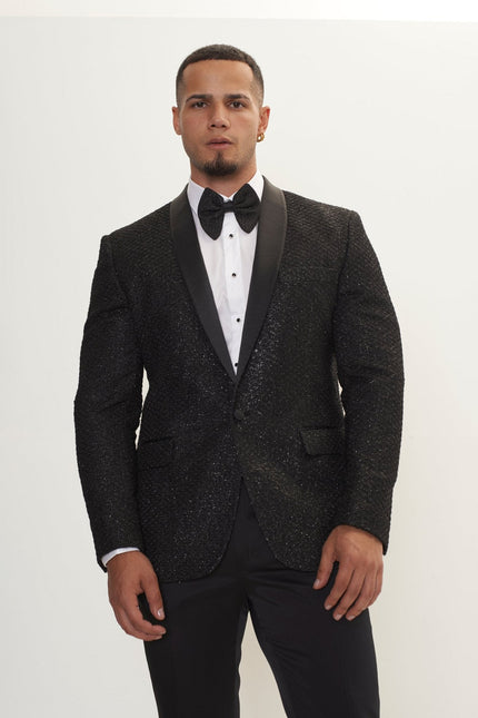 Men's Metallic Honeycomb Shawl Lapel Tuxedo Jacket - Silver Black | Ron Tomson