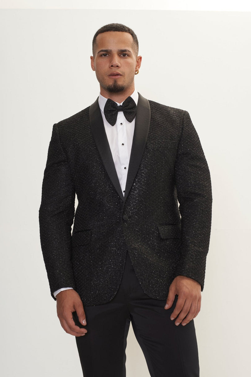 Men's Metallic Honeycomb Shawl Lapel Tuxedo Jacket - Silver Black | Ron Tomson