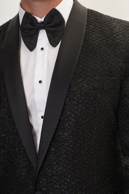 Men's Metallic Honeycomb Shawl Lapel Tuxedo Jacket - Silver Black | Ron Tomson