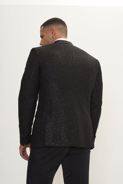 Men's Metallic Honeycomb Shawl Lapel Tuxedo Jacket - Silver Black | Ron Tomson