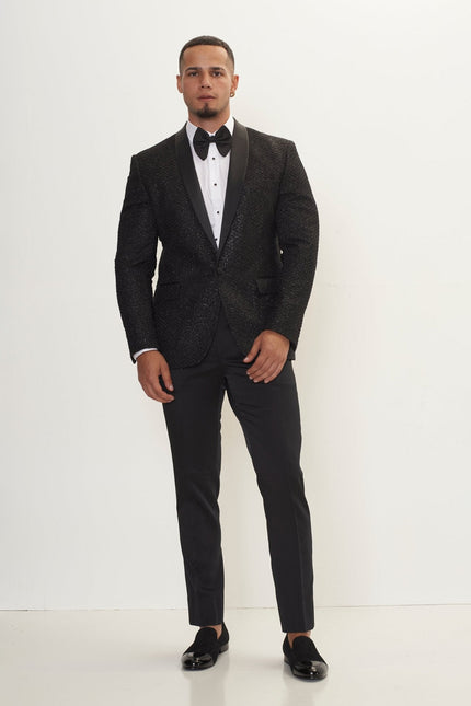 Men's Metallic Honeycomb Shawl Lapel Tuxedo Jacket - Silver Black | Ron Tomson