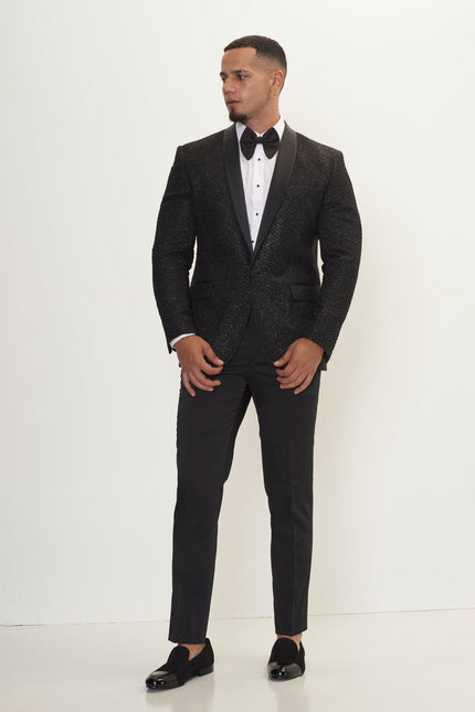 Men's Metallic Honeycomb Shawl Lapel Tuxedo Jacket - Silver Black | Ron Tomson