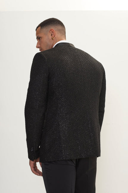 Men's Metallic Honeycomb Shawl Lapel Tuxedo Jacket - Silver Black | Ron Tomson