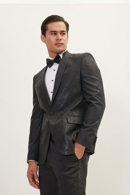 Men's Glitter Paisley Shawl Tuxedo Jacket - Black | Ron Tomson