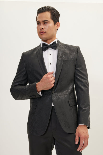 Men's Glitter Paisley Shawl Tuxedo Jacket - Black | Ron Tomson