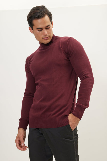 Men's Cotton Mock-Neck Sweater - Bordeaux | Ron Tomson