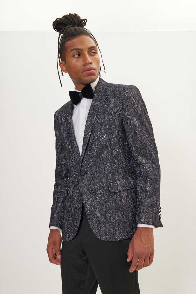 Men's Metallic Lace Paisley Shawl Lapel Tuxedo Jacket - Pink Shine | Ron Tomson