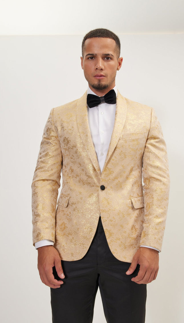 Metallic Foil Shimmer Tuxedo Jacket - Nude Gold - Ron Tomson Metallic Foil Shimmer Tuxedo Jacket - Nude Gold - Ron Tomson