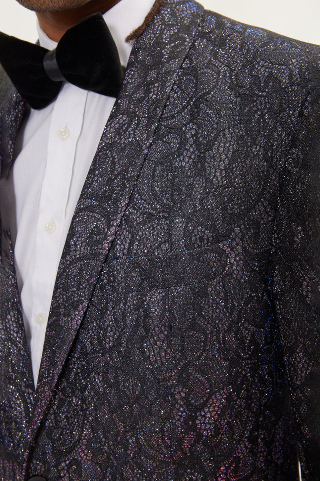 Men's Metallic Lace Paisley Shawl Lapel Tuxedo Jacket - Pink Shine | Ron Tomson