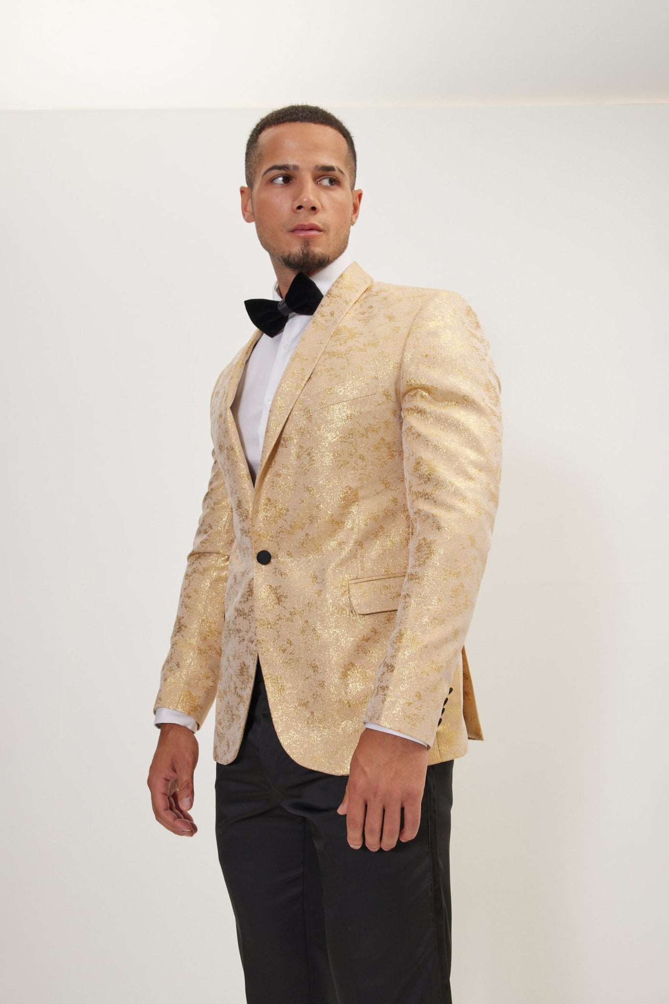 Metallic Foil Shimmer Tuxedo Jacket - Nude Gold - Ron Tomson Metallic Foil Shimmer Tuxedo Jacket - Nude Gold - Ron Tomson