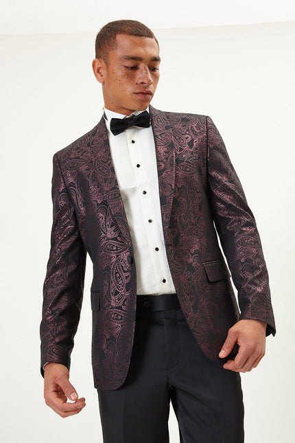 Men's Glitter Paisley Shawl Tuxedo Jacket - Burgundy | Ron Tomson