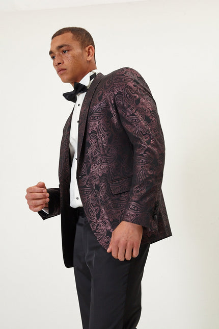 Men's Glitter Paisley Shawl Tuxedo Jacket - Burgundy | Ron Tomson