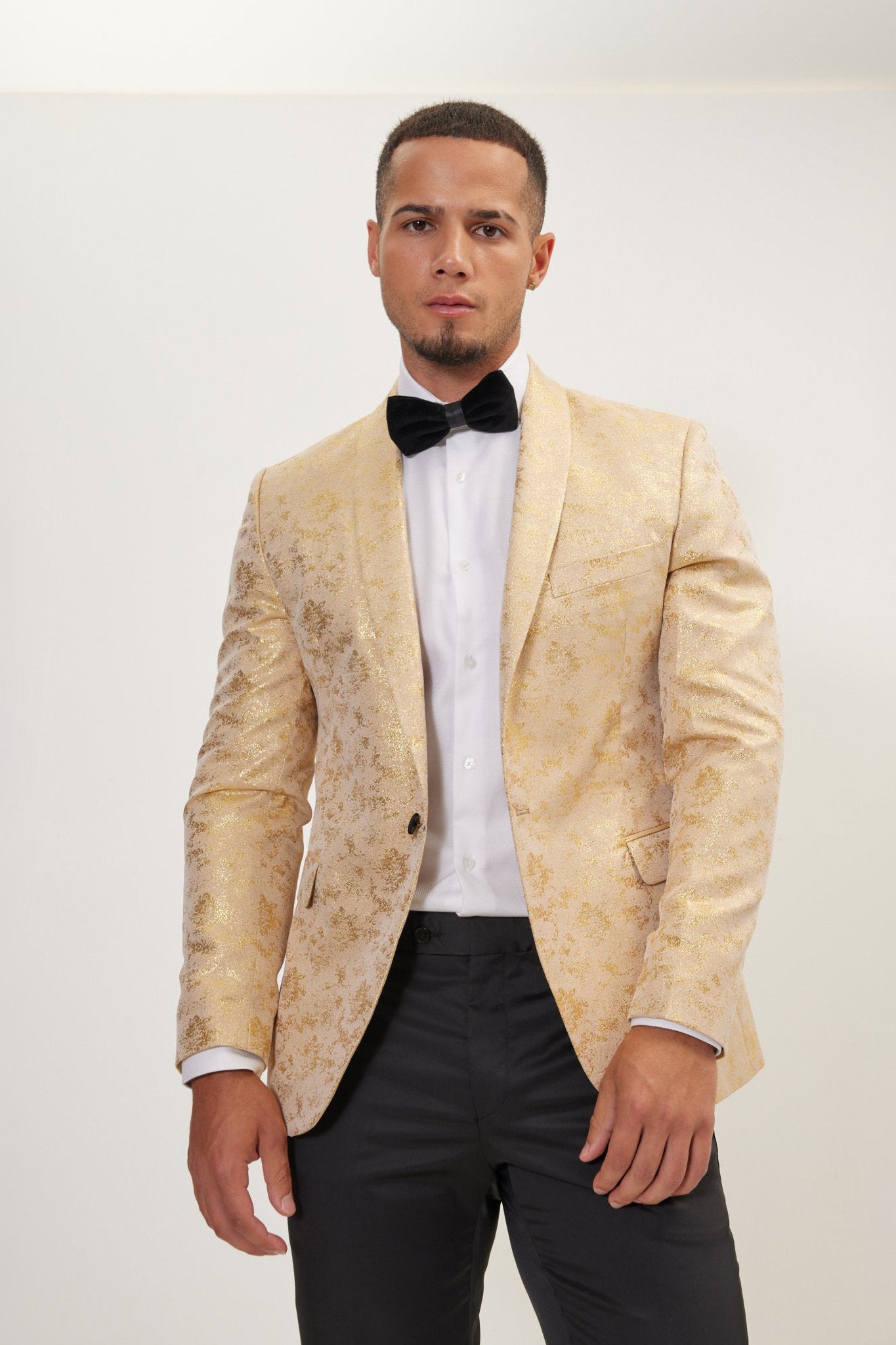 Metallic Foil Shimmer Tuxedo Jacket - Nude Gold - Ron Tomson Metallic Foil Shimmer Tuxedo Jacket - Nude Gold - Ron Tomson