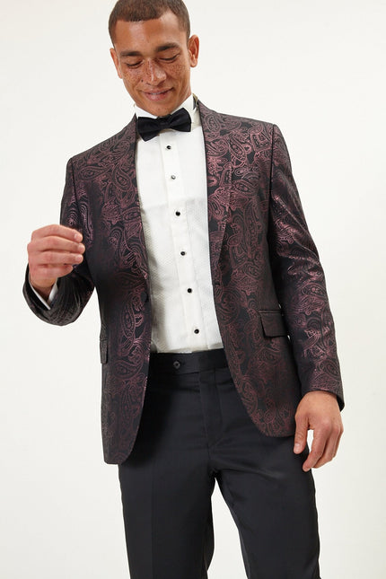 Men's Glitter Paisley Shawl Tuxedo Jacket - Burgundy | Ron Tomson