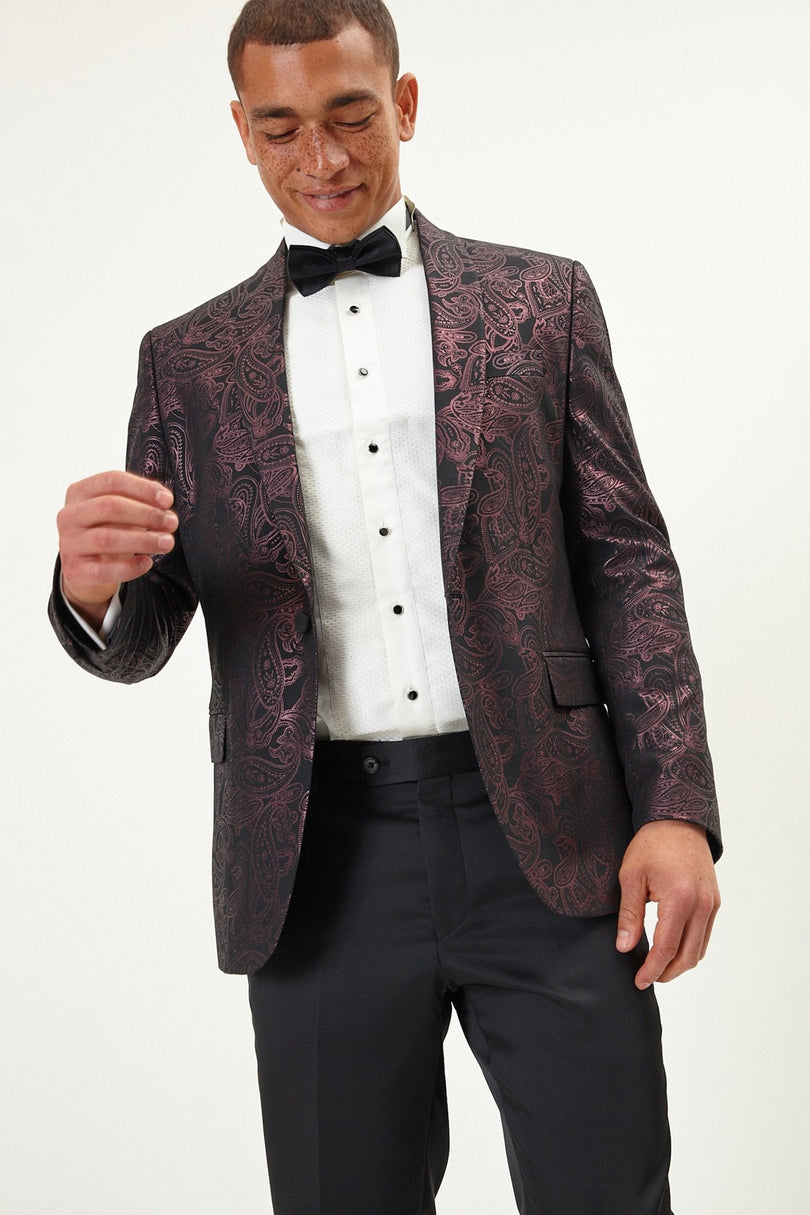 Men's Glitter Paisley Shawl Tuxedo Jacket - Burgundy | Ron Tomson