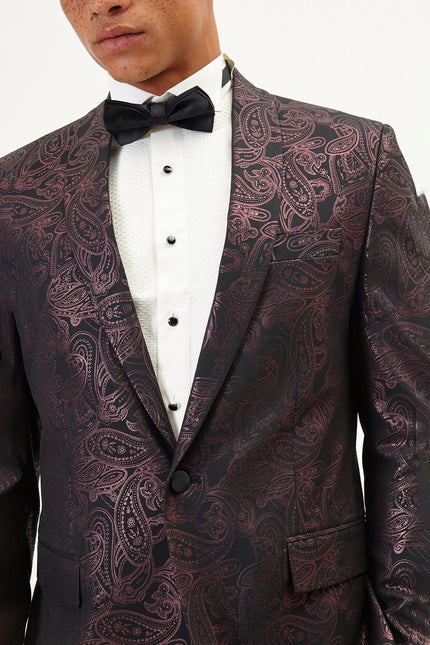 Men's Glitter Paisley Shawl Tuxedo Jacket - Burgundy | Ron Tomson