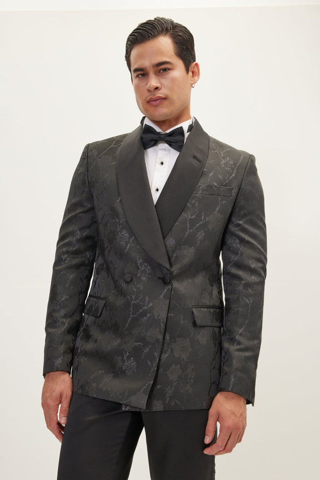 Men's Metallic Floral Double-Breasted Tuxedo Jacket - Black | Ron Tomson