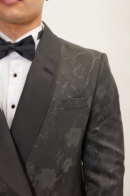 Men's Metallic Floral Double-Breasted Tuxedo Jacket - Black | Ron Tomson