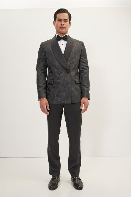 Men's Metallic Floral Double-Breasted Tuxedo Jacket - Black | Ron Tomson