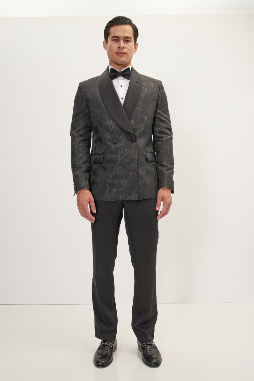 Men's Metallic Floral Double-Breasted Tuxedo Jacket - Black | Ron Tomson