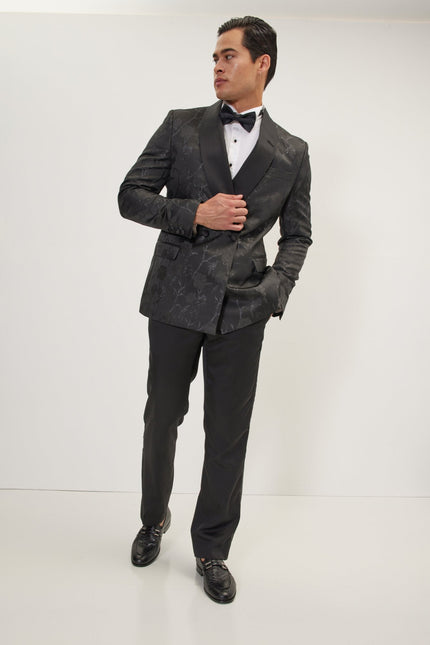 Men's Metallic Floral Double-Breasted Tuxedo Jacket - Black | Ron Tomson