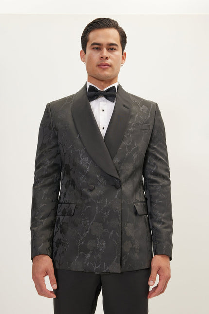 Men's Metallic Floral Double-Breasted Tuxedo Jacket - Black | Ron Tomson