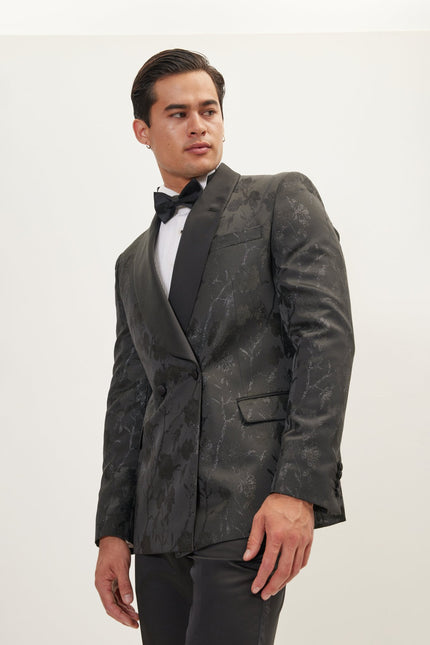 Men's Metallic Floral Double-Breasted Tuxedo Jacket - Black | Ron Tomson