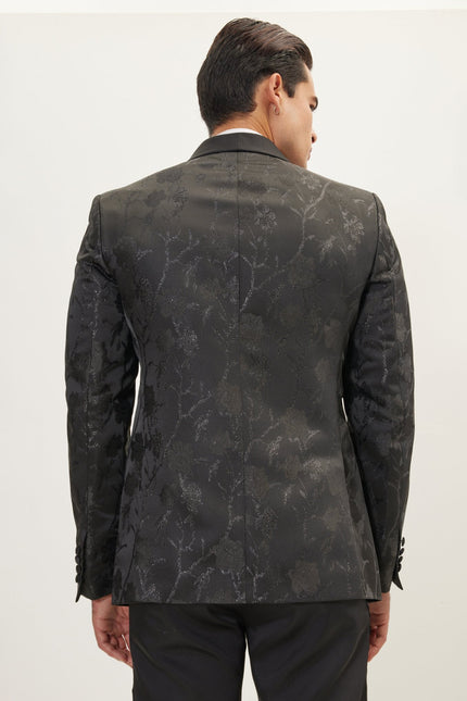 Men's Metallic Floral Double-Breasted Tuxedo Jacket - Black | Ron Tomson