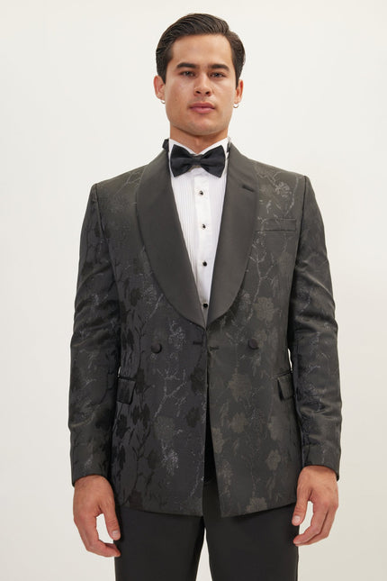 Men's Metallic Floral Double-Breasted Tuxedo Jacket - Black | Ron Tomson