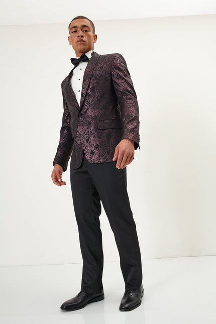 Men's Glitter Paisley Shawl Tuxedo Jacket - Burgundy | Ron Tomson