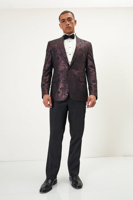Men's Glitter Paisley Shawl Tuxedo Jacket - Burgundy | Ron Tomson
