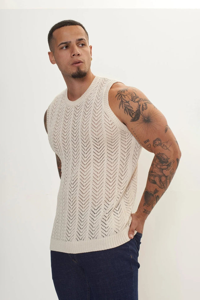Muscle Fit Mesh Tank Top - Beige