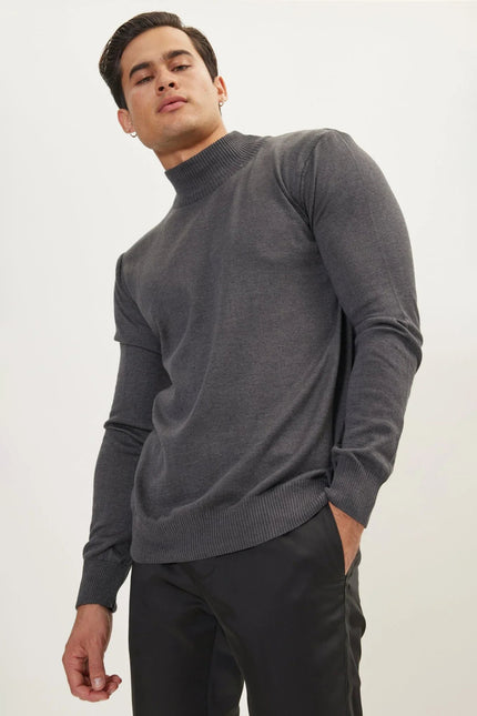 Men's Cotton Relaxed Mock-Neck Sweater - Anthracite | Ron Tomson
