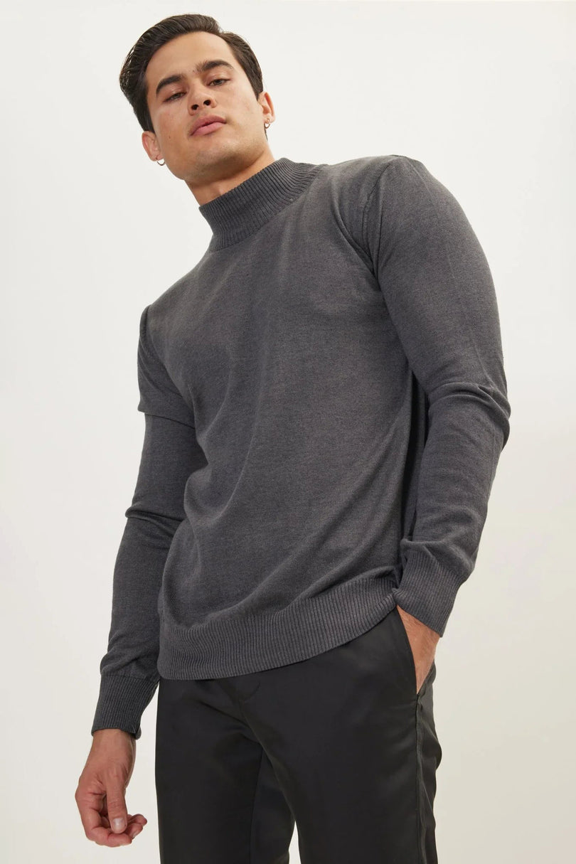 Men's Cotton Relaxed Mock-Neck Sweater - Anthracite | Ron Tomson
