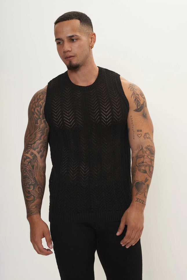 Mesh Muscle Fit Tank Top - Black