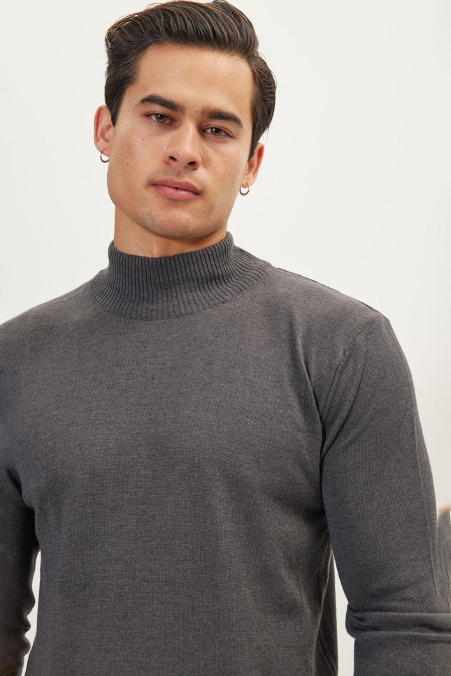 Men's Cotton Relaxed Mock-Neck Sweater - Anthracite | Ron Tomson